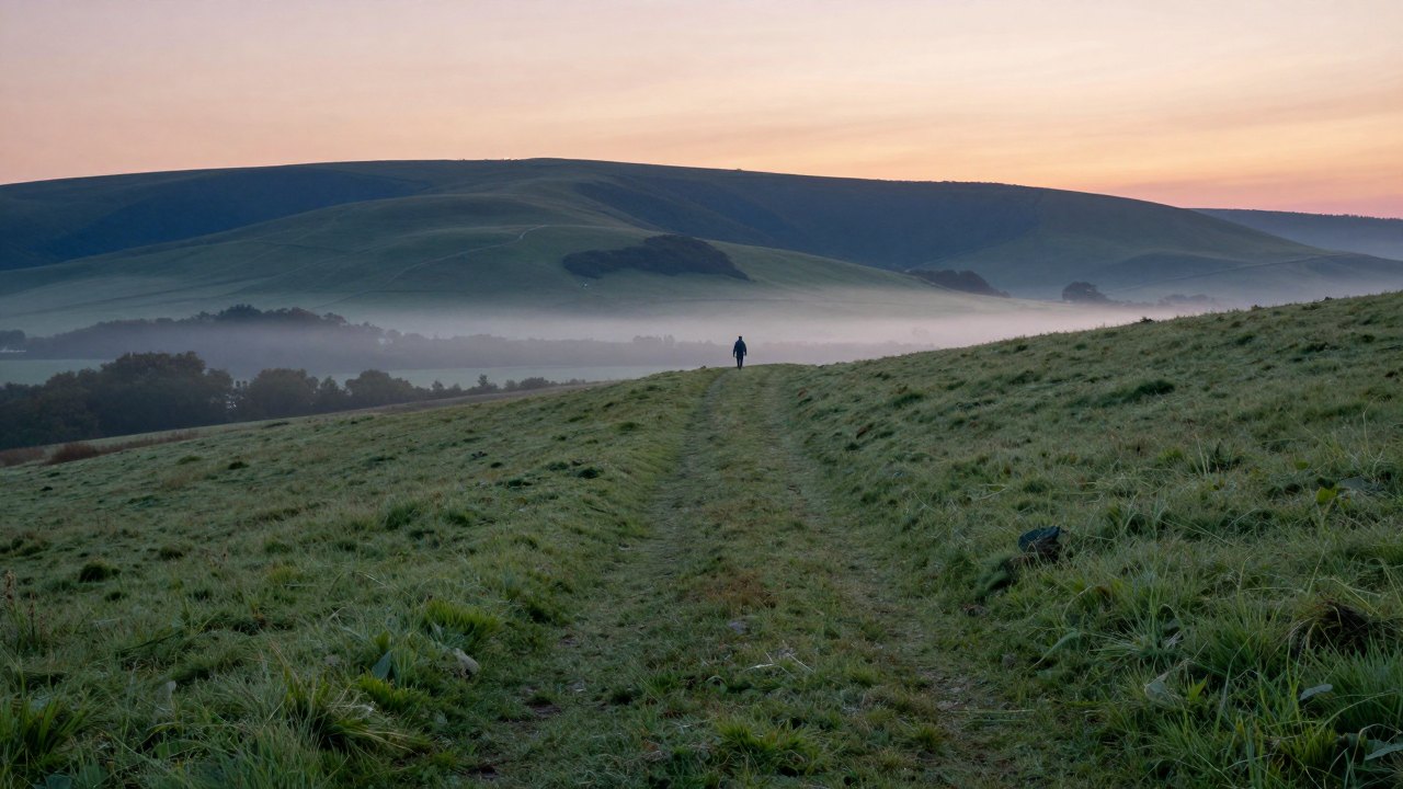Distant walker on a meadow path at dawn with mist over the valley