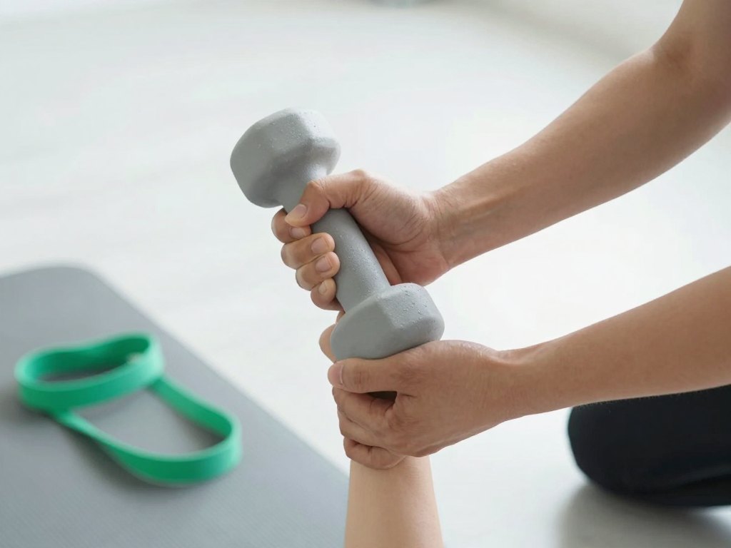 Trainer's hands adjusting a client's grip on a dumbbell during a movement assessment