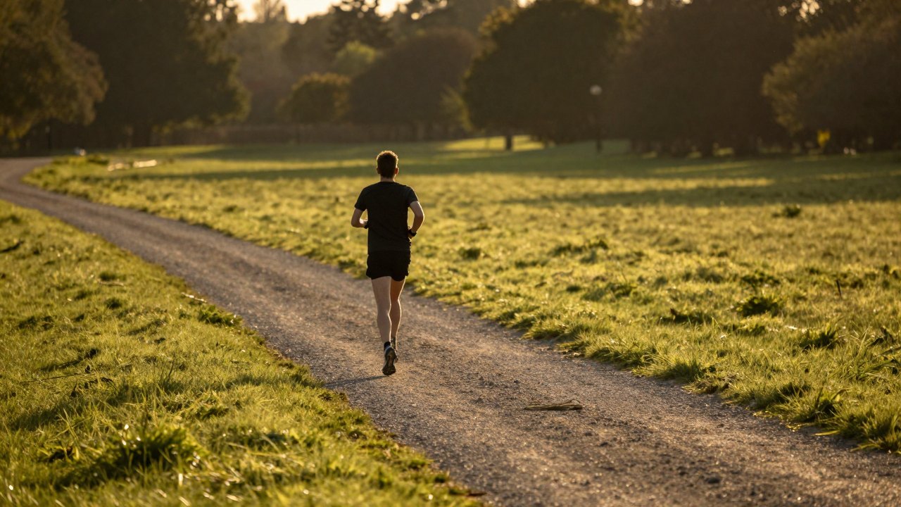 Runner seen from behind on a gravel path through a park at golden hour