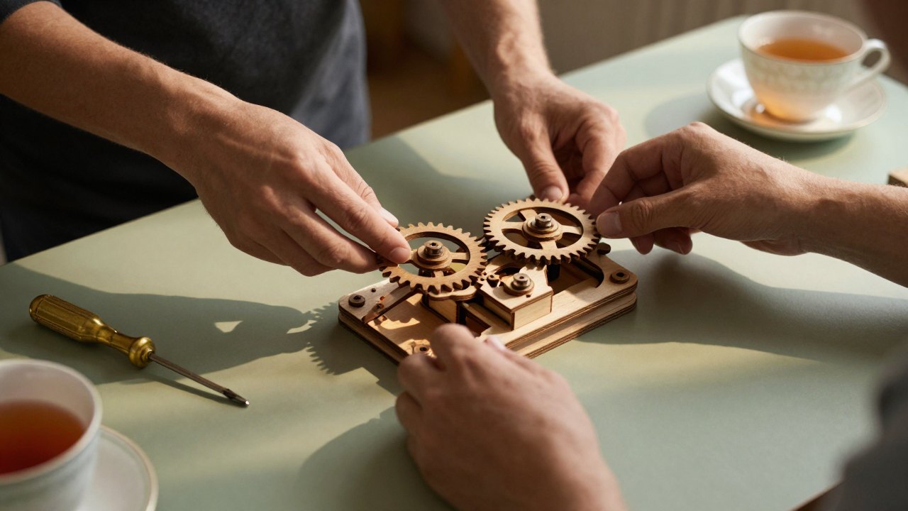Hands adjusting a gear in a wooden mechanism on a workshop table