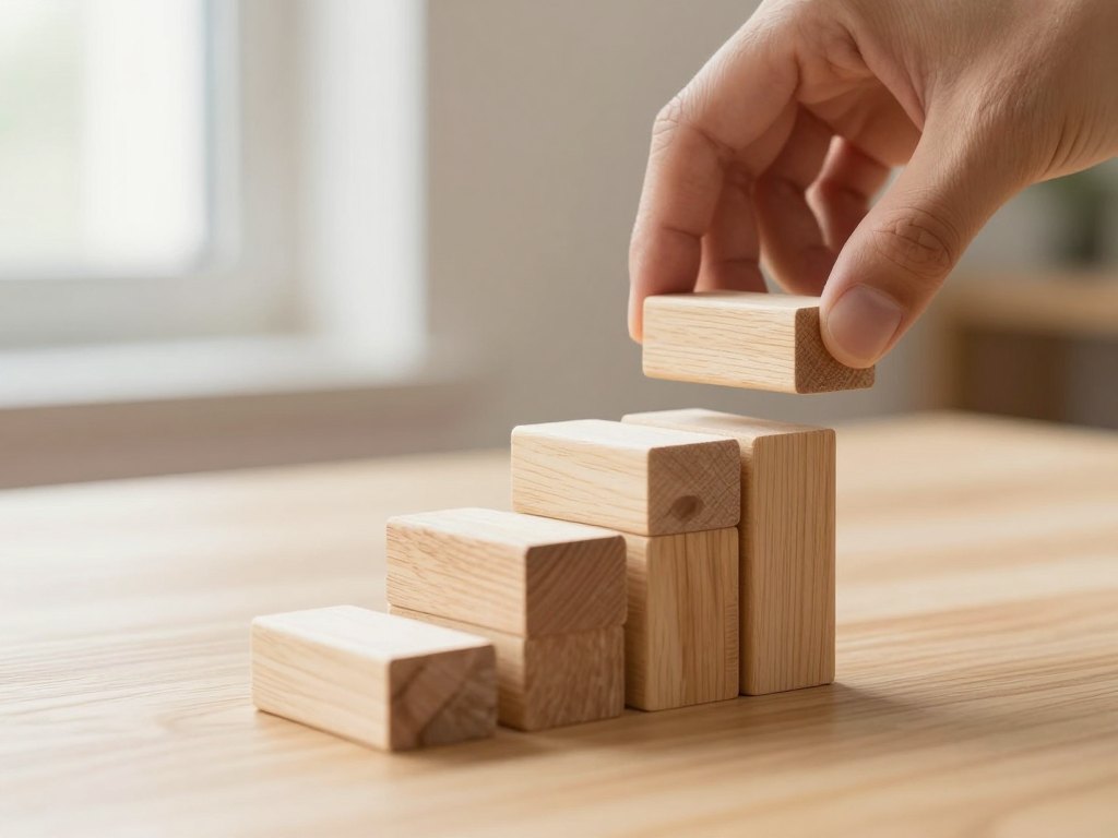 Hand placing a wooden block on an ascending stack of blocks
