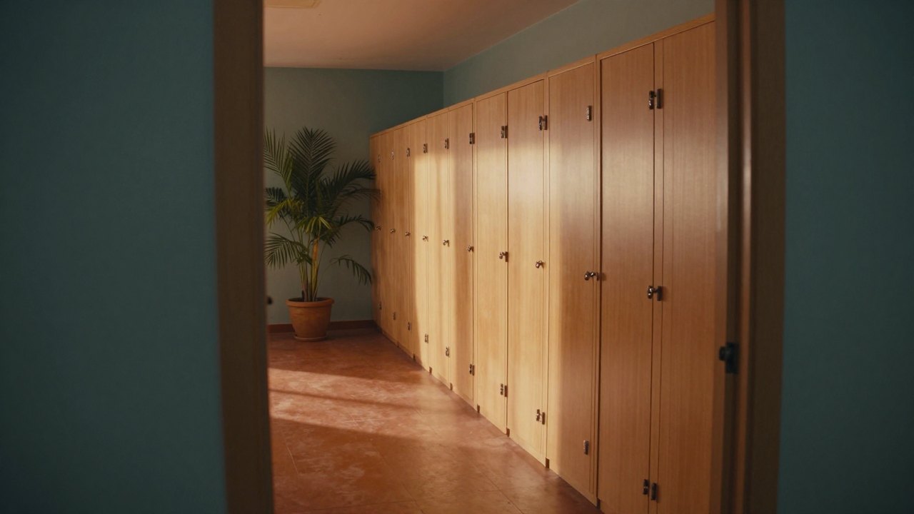 Quiet studio corridor with closed wooden cabin doors, a potted palm and golden light