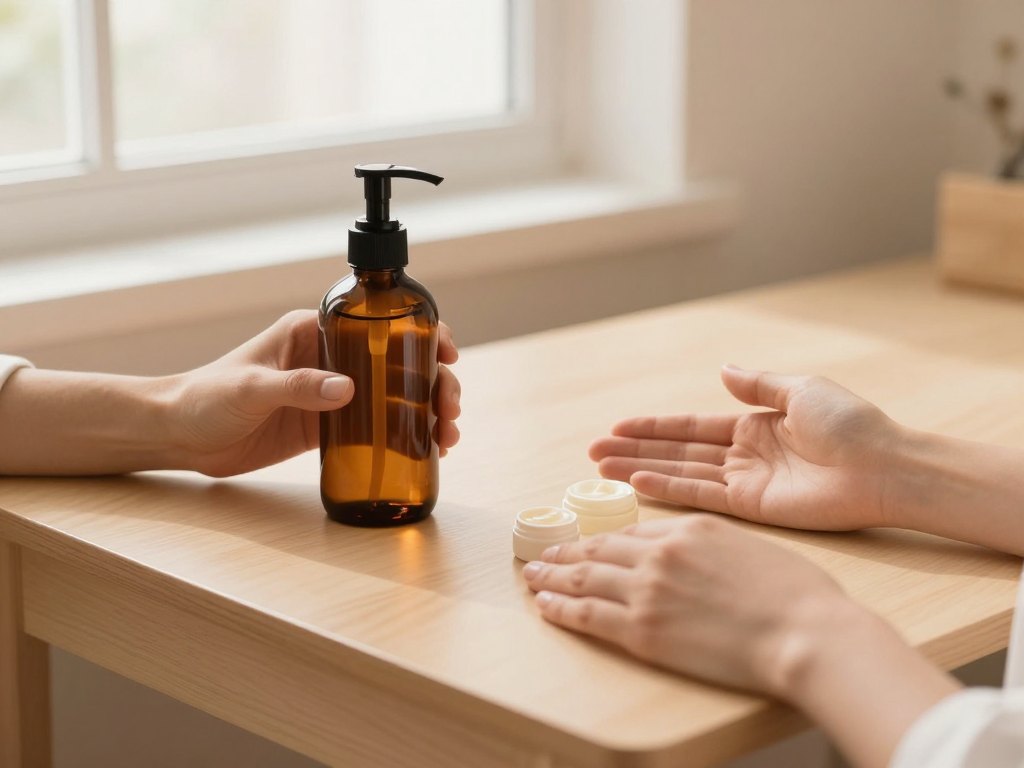 Two pairs of hands across a counter with an amber lotion bottle and small plain cream jars