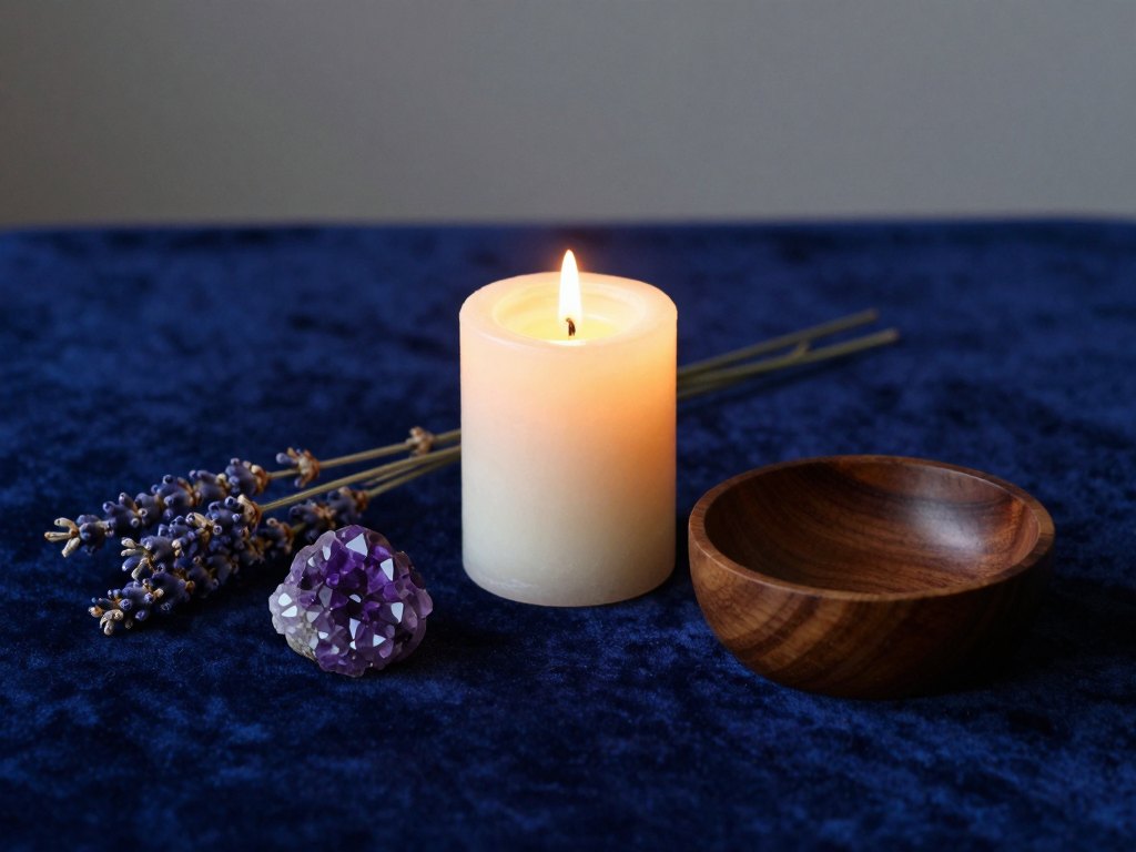 Candle, amethyst crystal and dried lavender on dark blue velvet in warm light