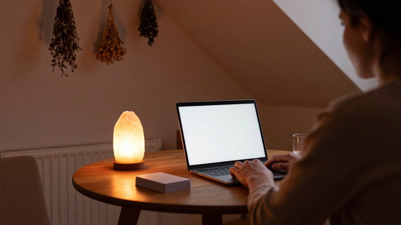 Person seen from behind sitting at a round table in a warm attic room
