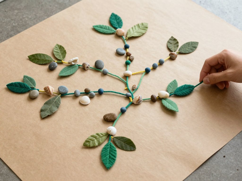 Yarn, leaves and shells linked by thread on kraft paper, forming a connected pattern