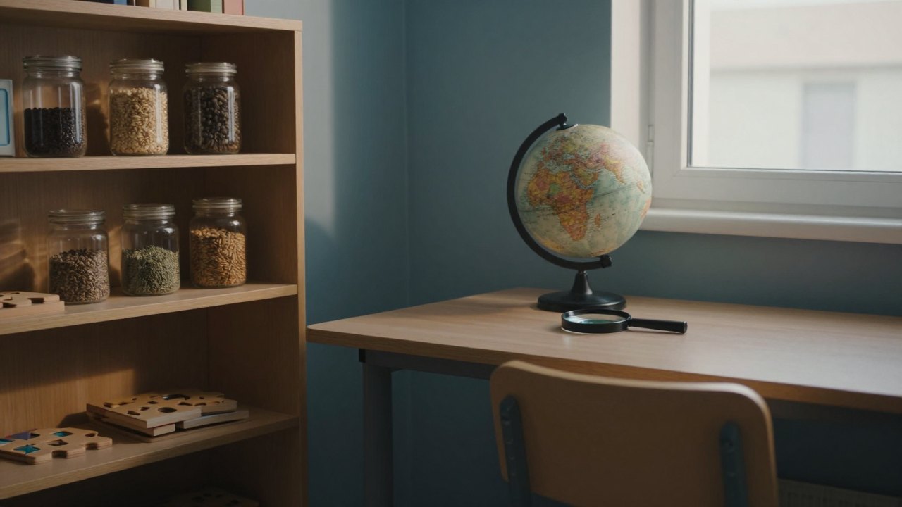 Quiet study corner with shelves of seeds, puzzles and a magnifying glass by a window