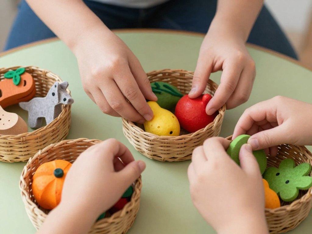 Hands sorting wooden fruit and felt animals into baskets on a low table