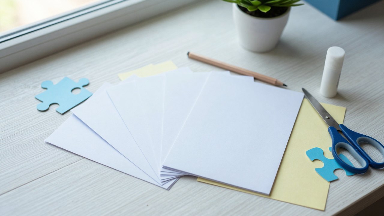Desk with blank cards, coloured pencils, scissors and paper shapes prepared for lesson planning