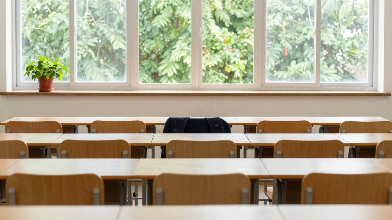 Empty chairs in a semicircle in a sunlit classroom facing a window with trees