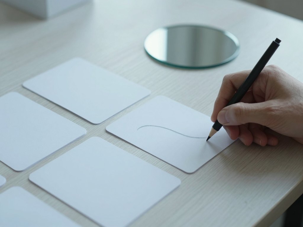 Hand moving blank paper cards on a wooden table next to a small round mirror