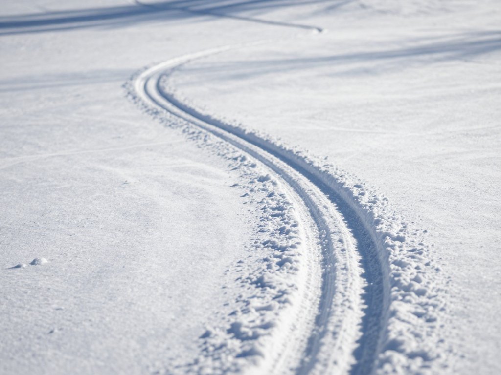 A single curved ski track running through untouched powder snow on a quiet mountain slope