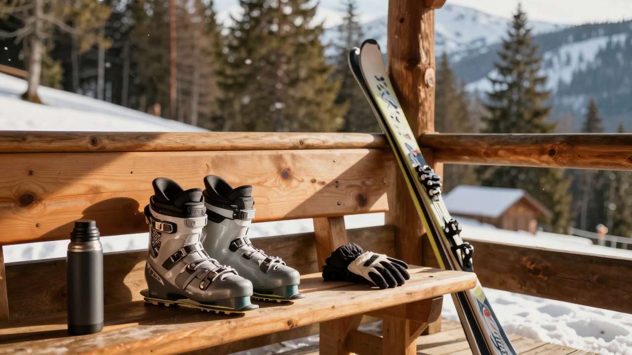 Ski boots, gloves and a flask on a wooden hut bench with skis leaning nearby