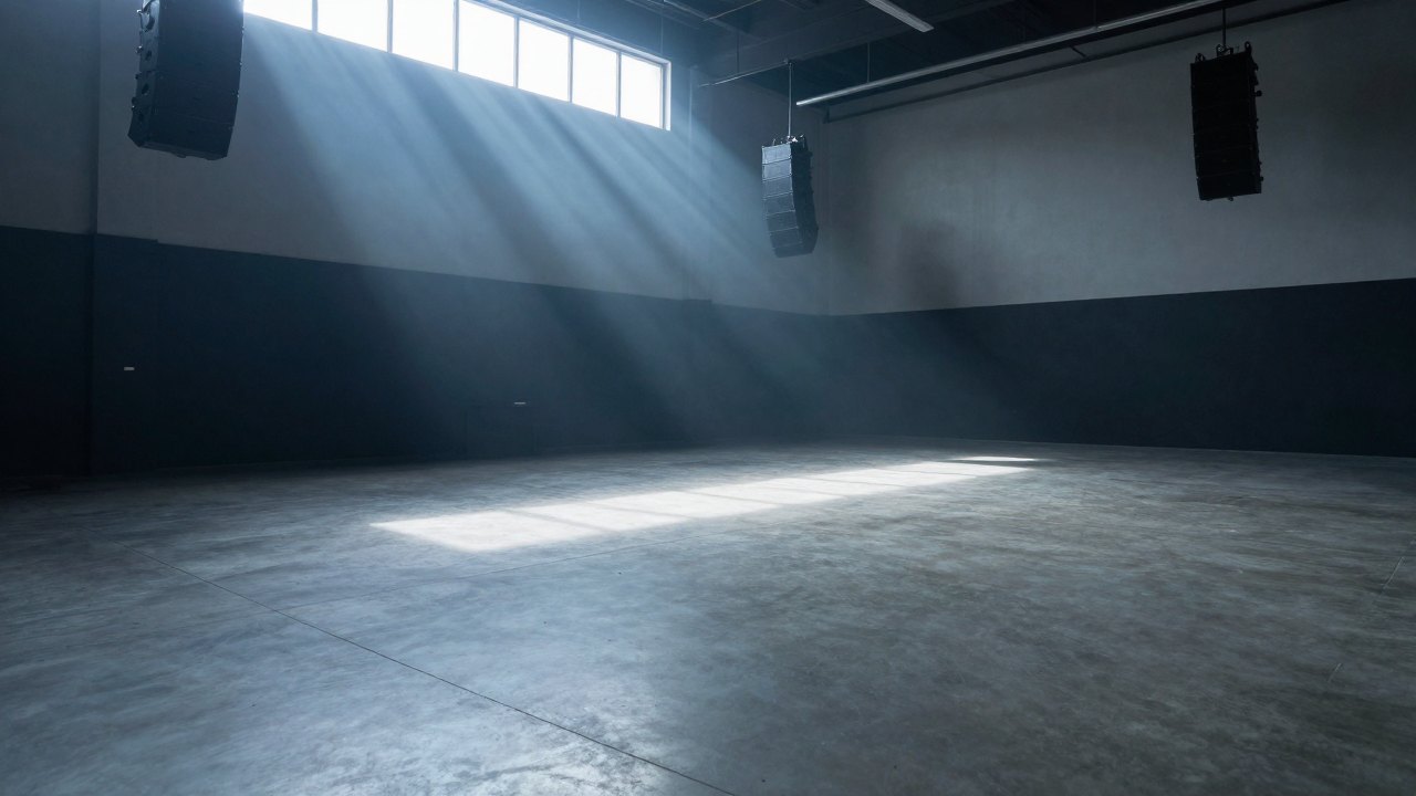 Empty warehouse club dance floor with speaker stacks and a shaft of blue light