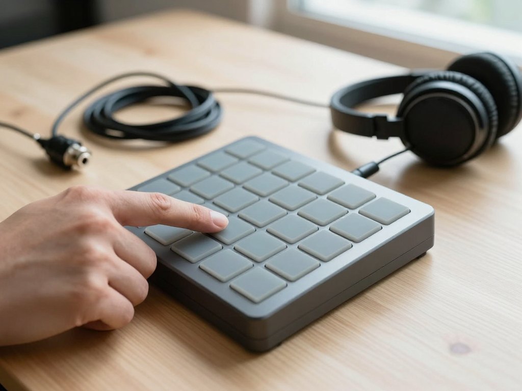 Hand pressing pads on a drum machine next to patch cables and headphones