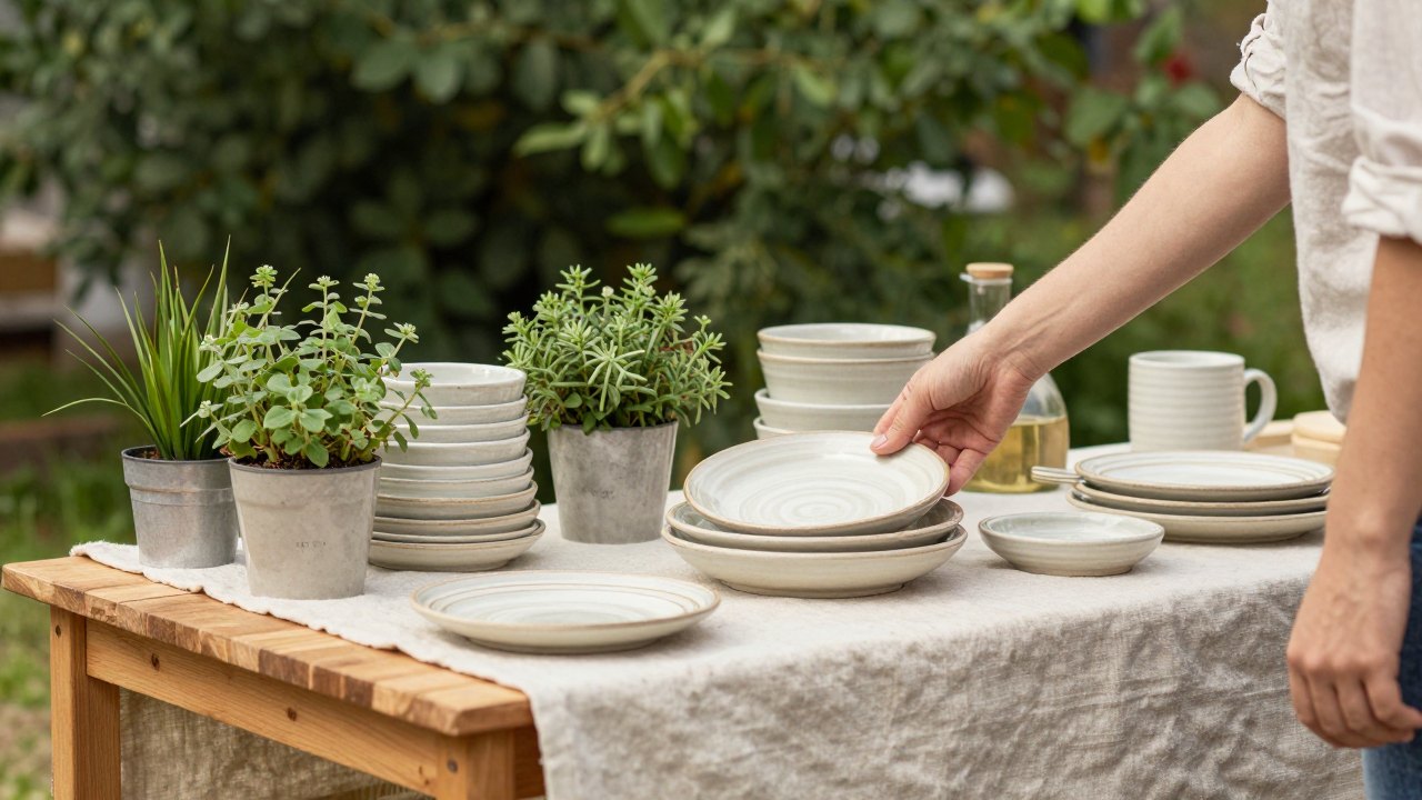 Customer's hand picking up a handmade ceramic dish at a small outdoor market stall