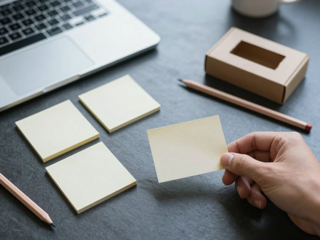 Hands arranging blank paper cards beside pencils and a small cardboard prototype on a desk