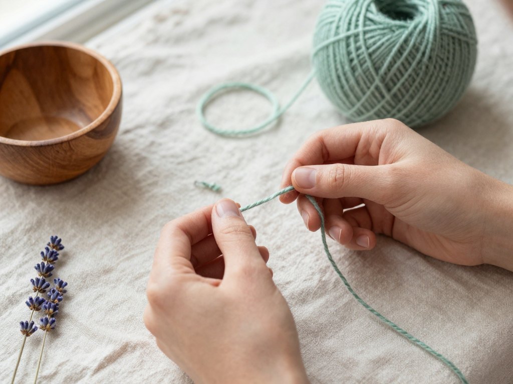 Hands carefully untangling a knot in green wool yarn on a linen cloth