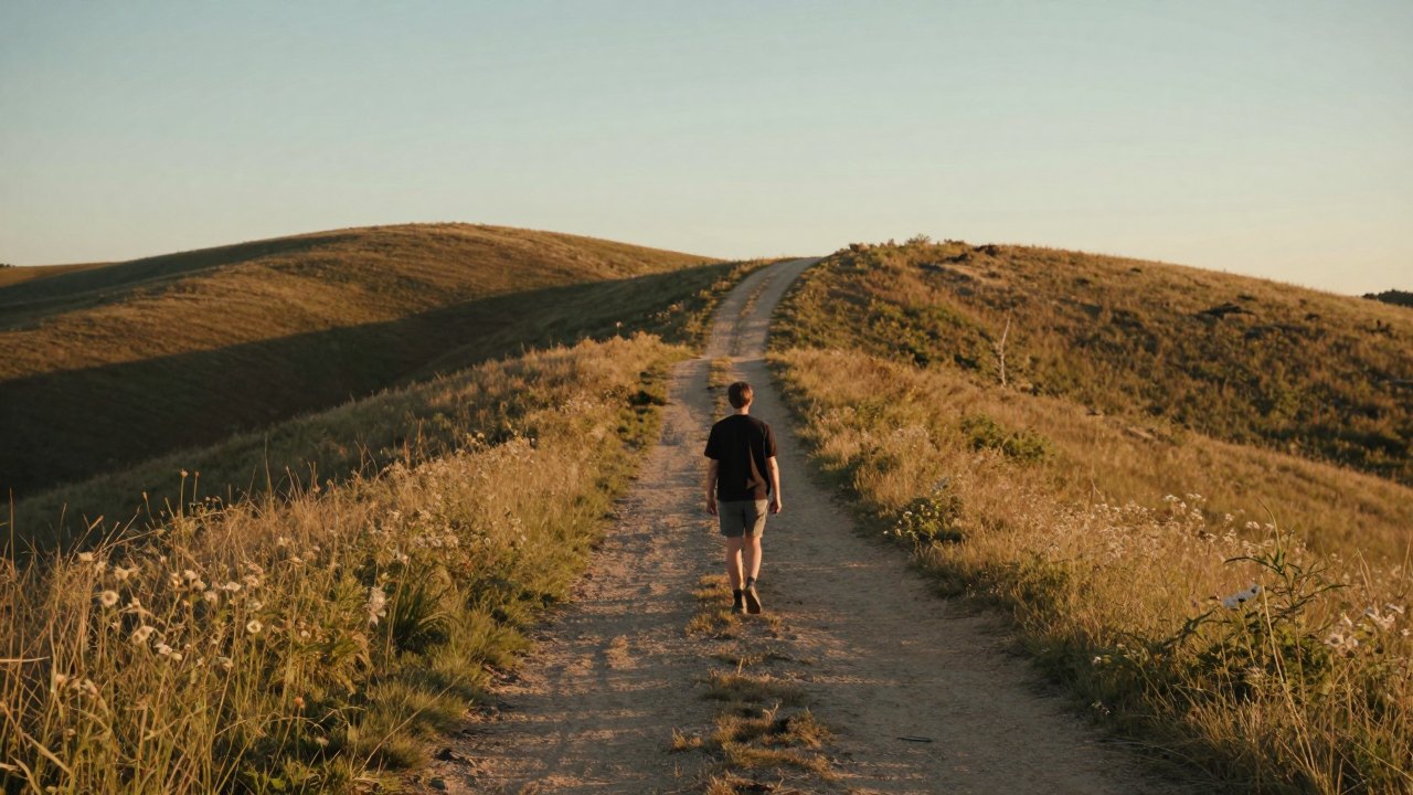 Person seen from behind walking on a hillside path that forks ahead at sunset