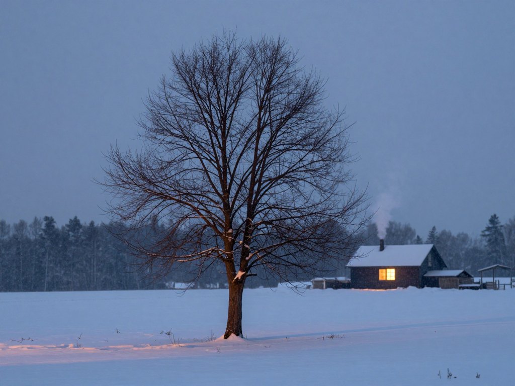 Lone tree in fresh snow at dusk with a warmly lit cabin behind it