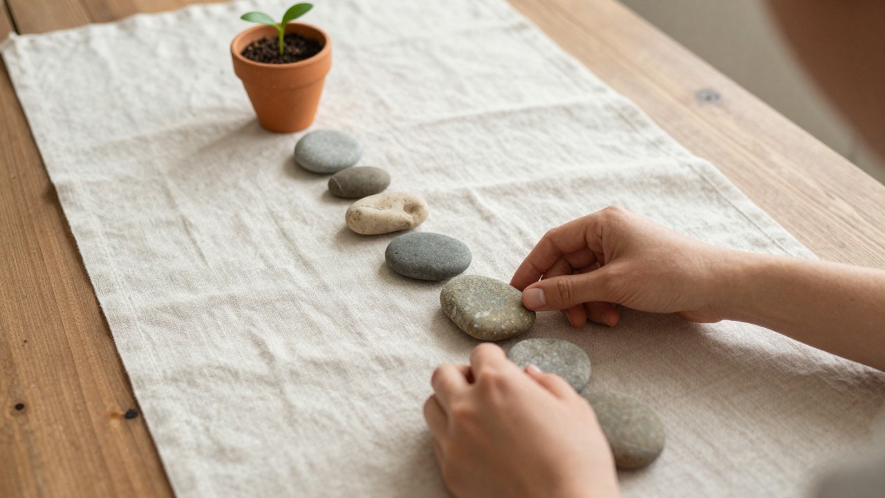 Hands placing stones in a line toward a small seedling on a wooden table