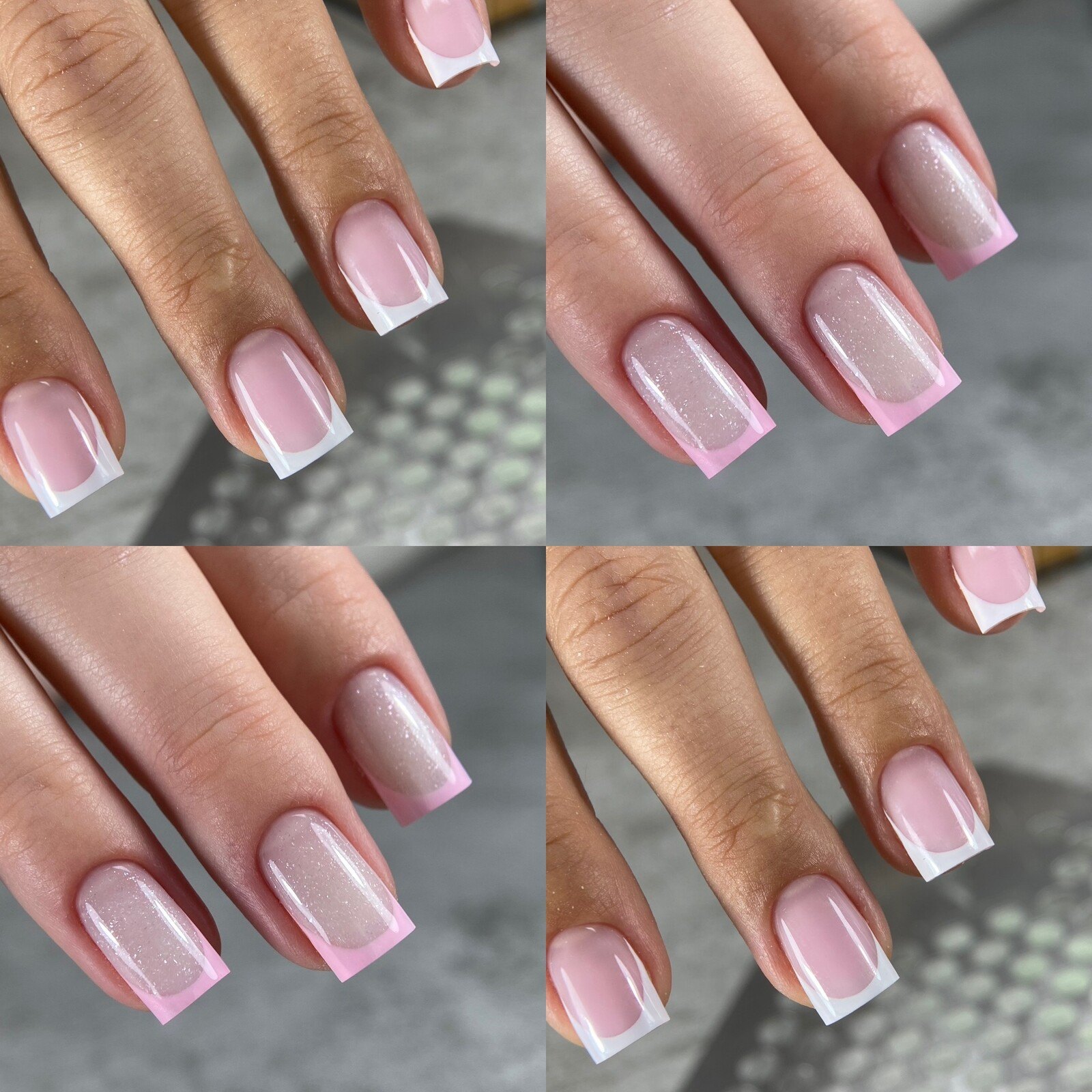 Collage of four close-ups of short square nails with a pink and white French manicure