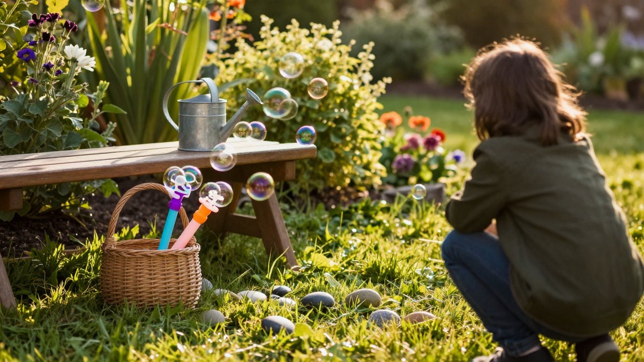 Garden lawn with a basket of bubble wands and a parent crouching from behind