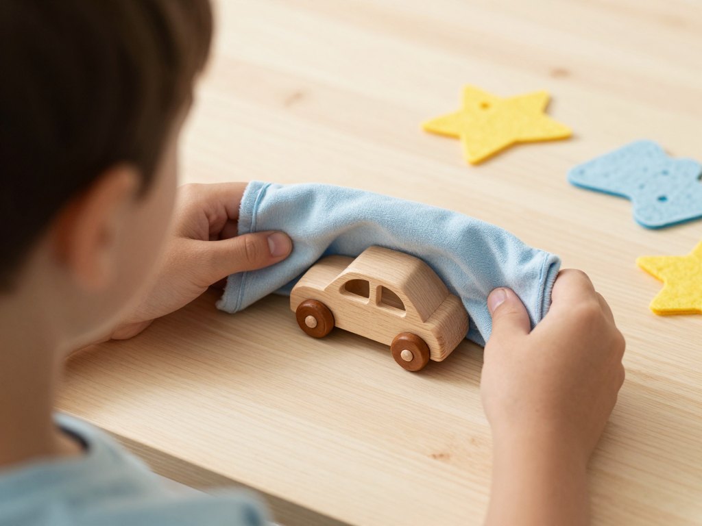 Adult hands lifting a cloth to reveal a small wooden toy car on a table