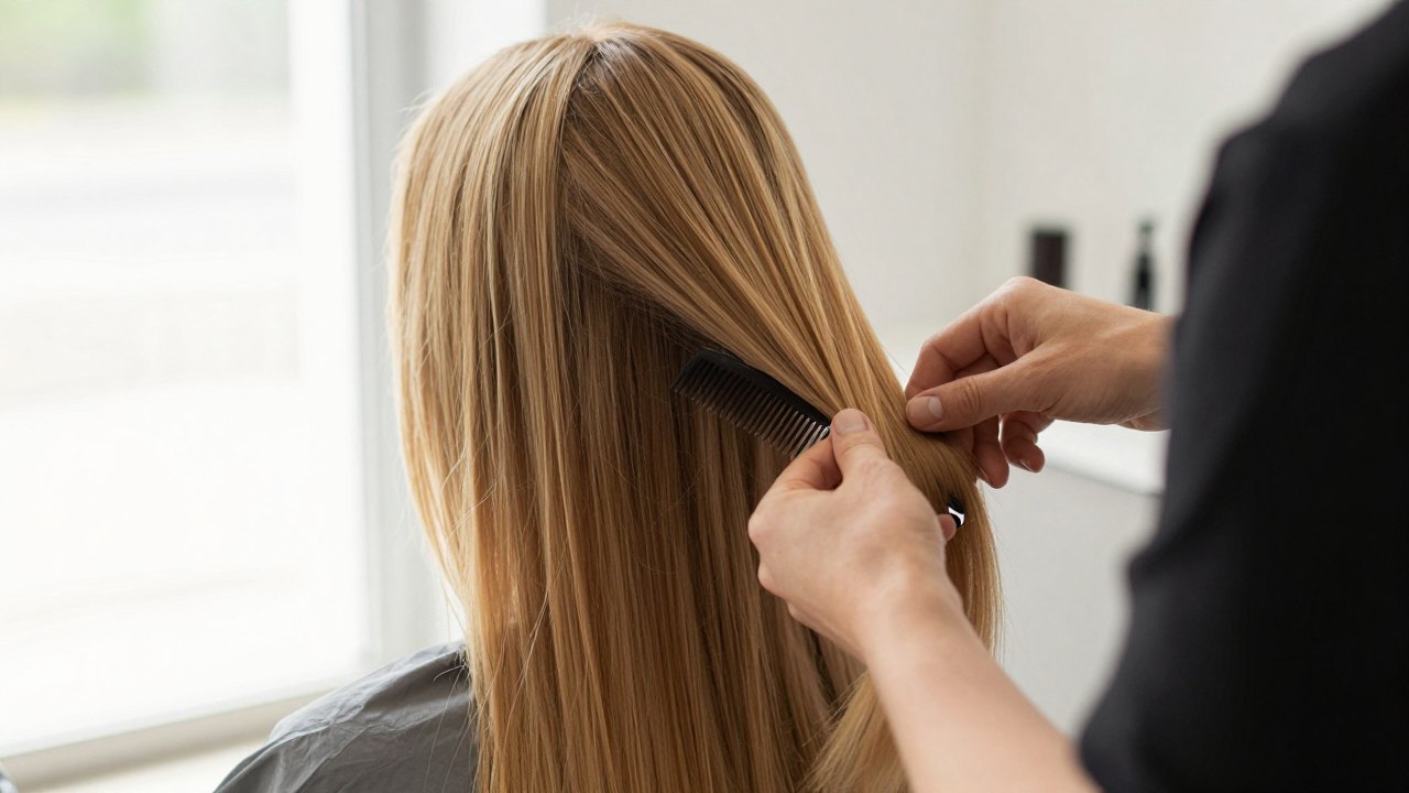 Back view of a client's smooth honey-blonde hair being combed by a hairdresser in a bright salon