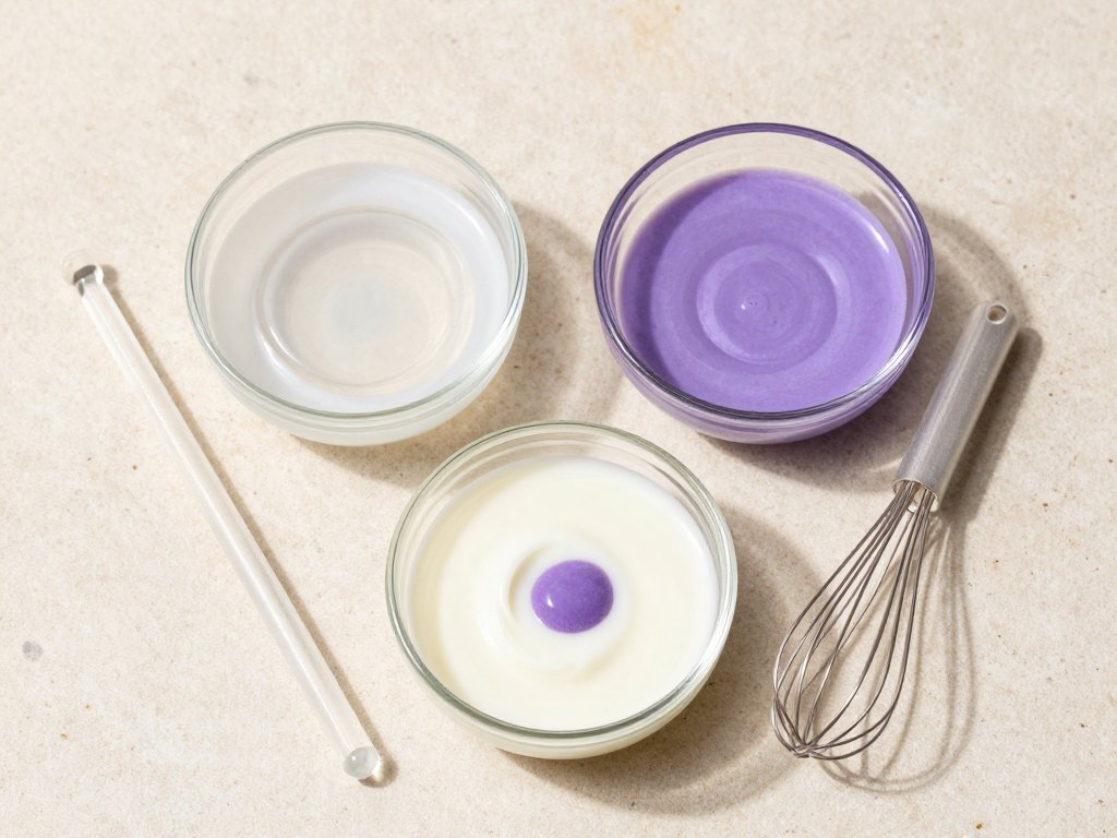 Three small dishes with cream base, clear gel and violet pigment beside a stirring rod