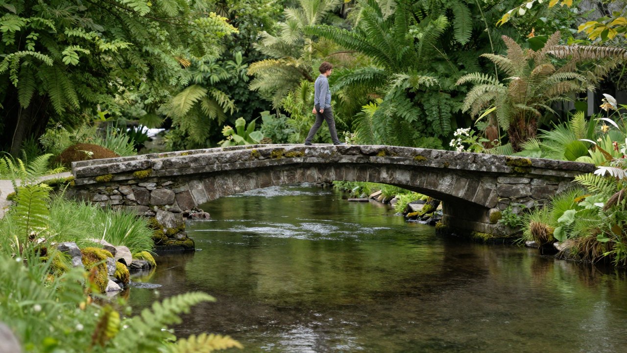 Person seen from behind crossing a stone footbridge over a calm stream