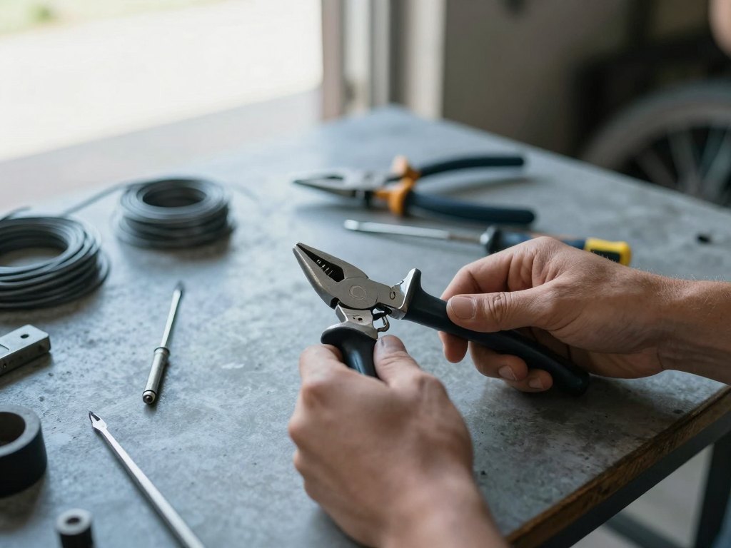 Hands repairing a bicycle brake lever with pliers and a screwdriver on a garage table