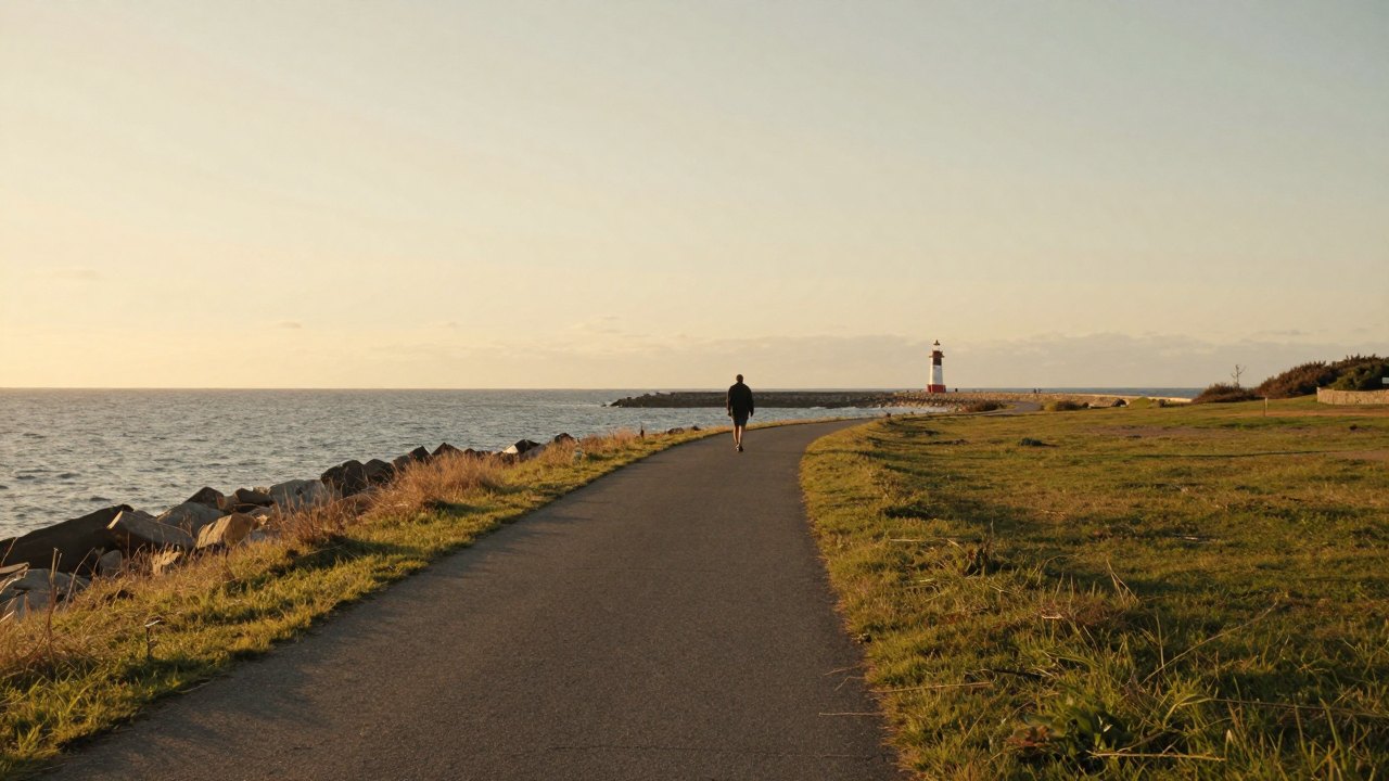 Distant walker on a curved coastal path at golden hour, seen from behind