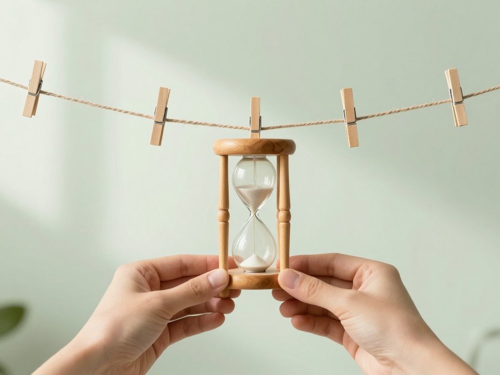 Hands arranging wooden clothespins along a linen string stretched between two pegs