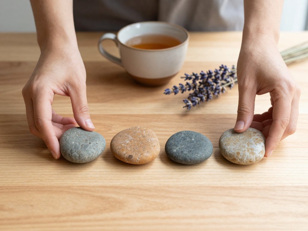 Hands arranging four smooth stones in a row on a wooden table beside a cup of tea
