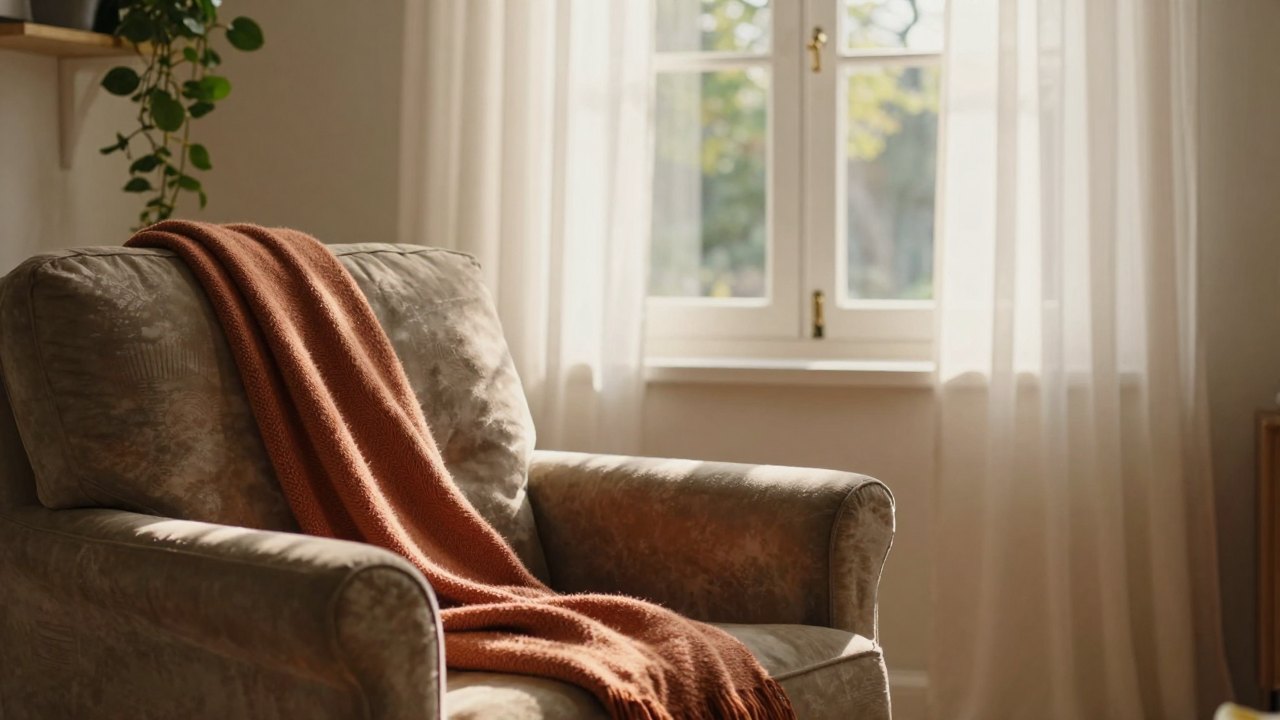 Cozy armchair with folded blanket and houseplant beside a sunlit open window