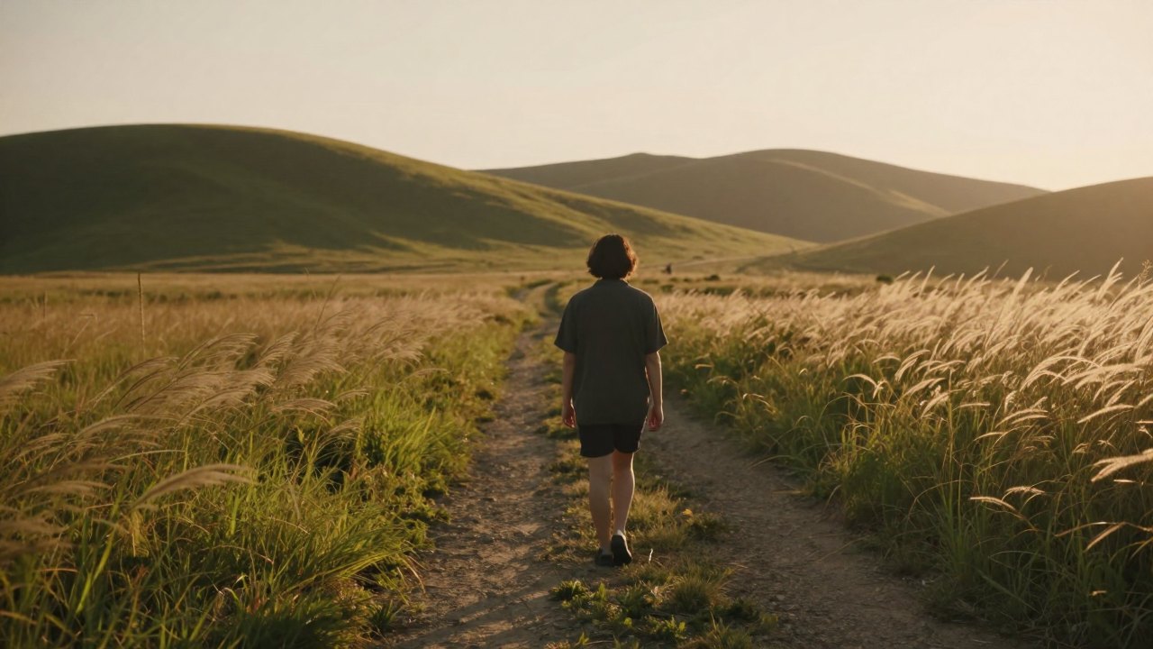 Person seen from behind walking along a meadow path in evening light