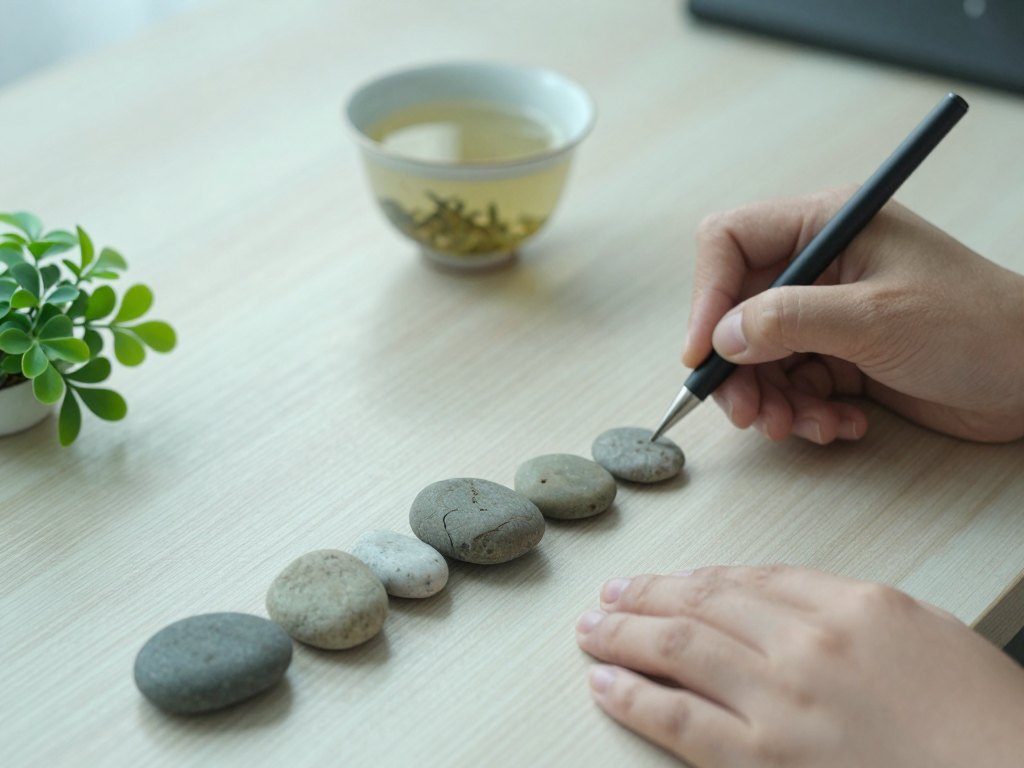 Hands arranging smooth stones in a row beside a plant and tea cup