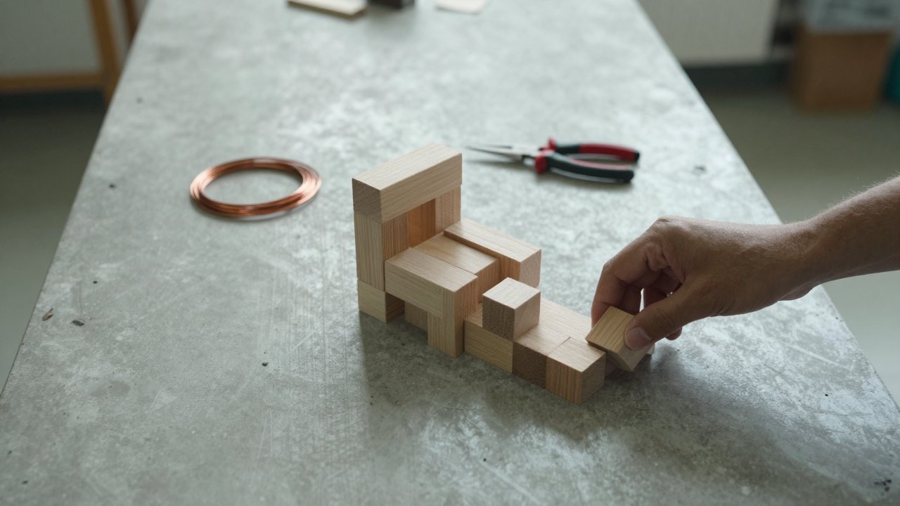 Hand rearranging plain wooden blocks into a modular structure beside copper wire and pliers