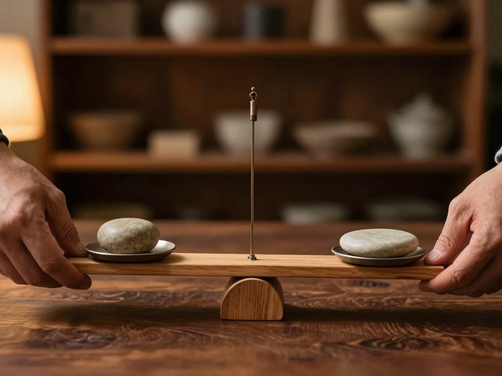 Hands adjusting a wooden balance scale with smooth stones on both pans