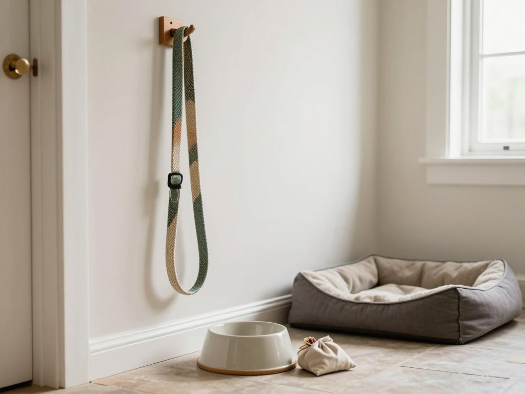 Leash on a hook beside a water bowl, treat pouch and dog bed in a hallway
