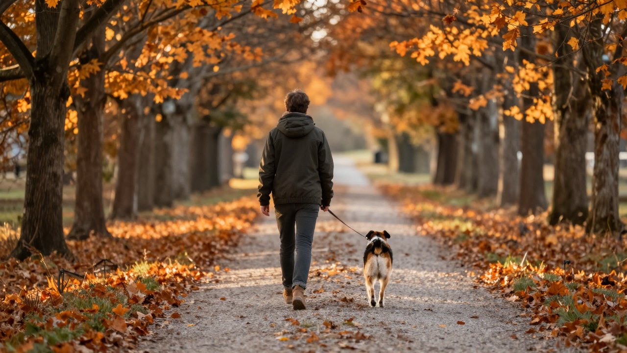 Person walking a dog on a loose leash along an autumn gravel path, seen from behind