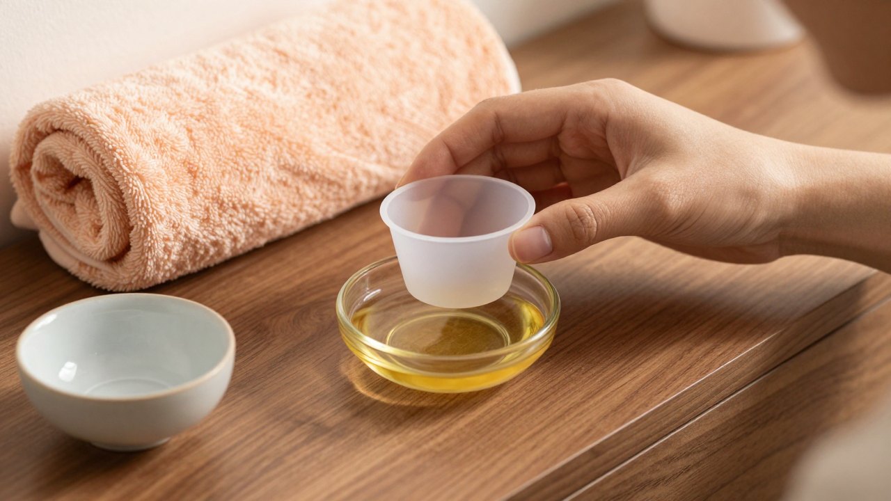 Hands holding a silicone massage cup above a dish of facial oil on a wooden vanity