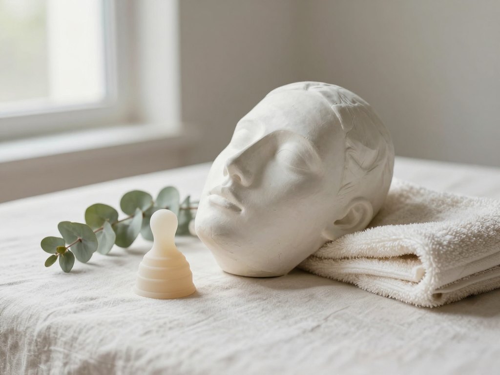 Plaster face form beside a silicone massage cup, towel and eucalyptus sprig on linen