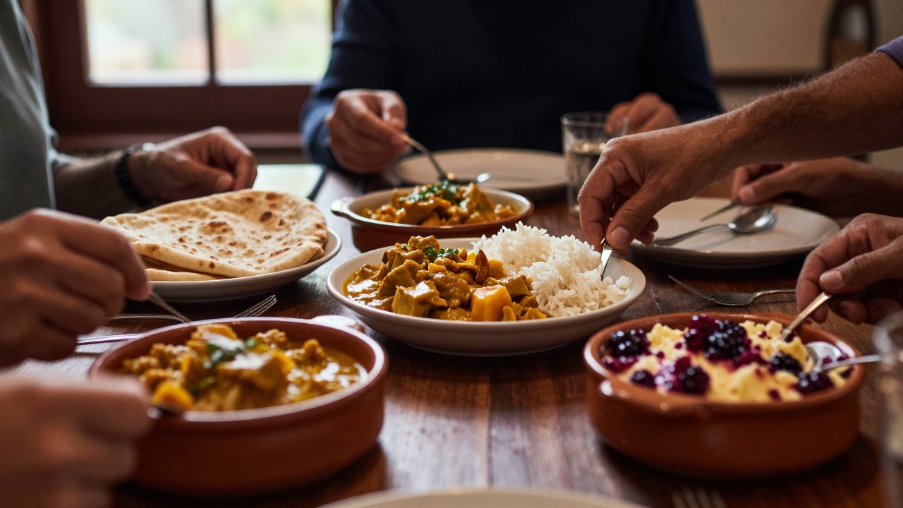 Shared plant-based dishes on a dinner table with hands serving food