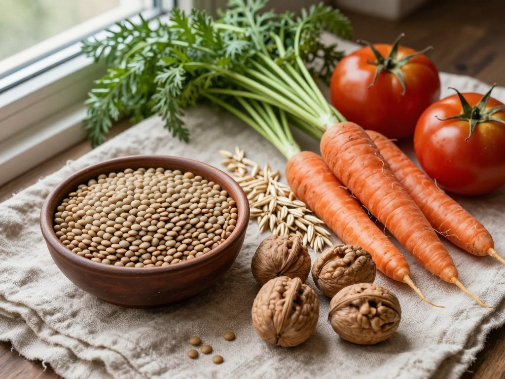 Overhead view of lentils, oats, walnuts, carrots, tomatoes and herbs on linen