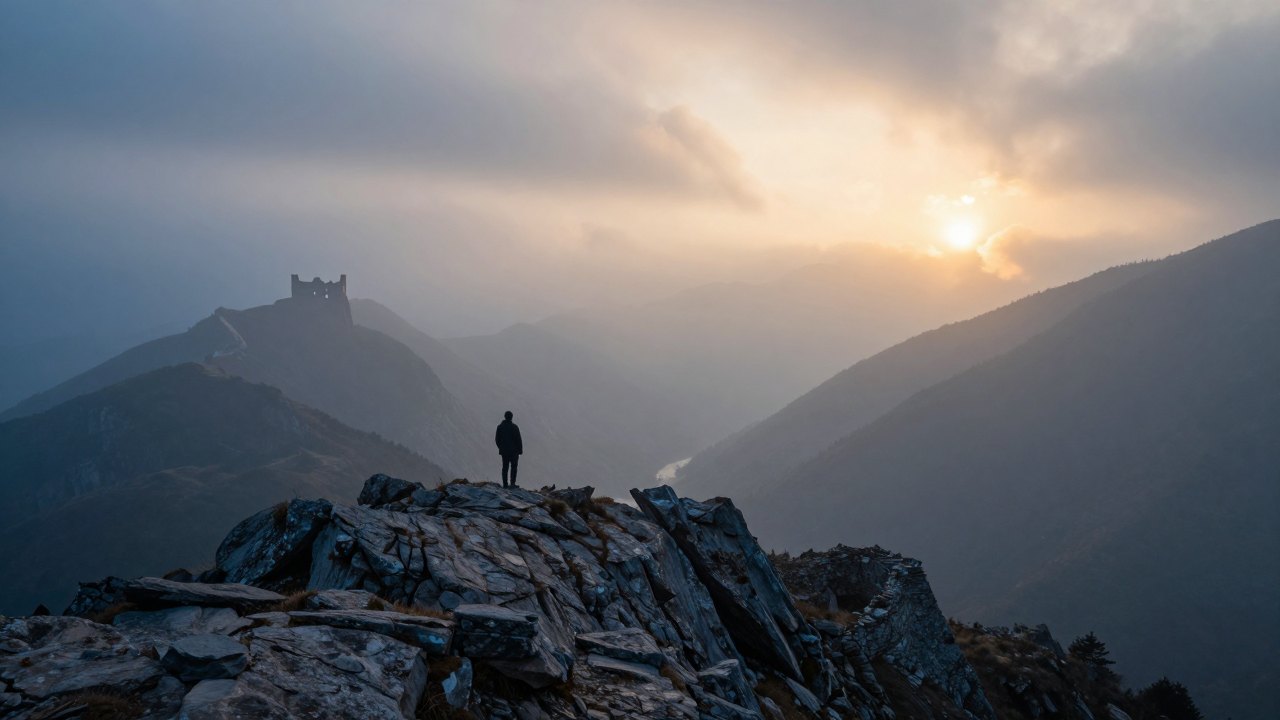 Lone figure on a rocky ridge overlooking a misty valley with distant stone ruins