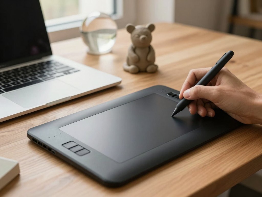 Hand with stylus on a graphics tablet beside a clay maquette and closed laptop