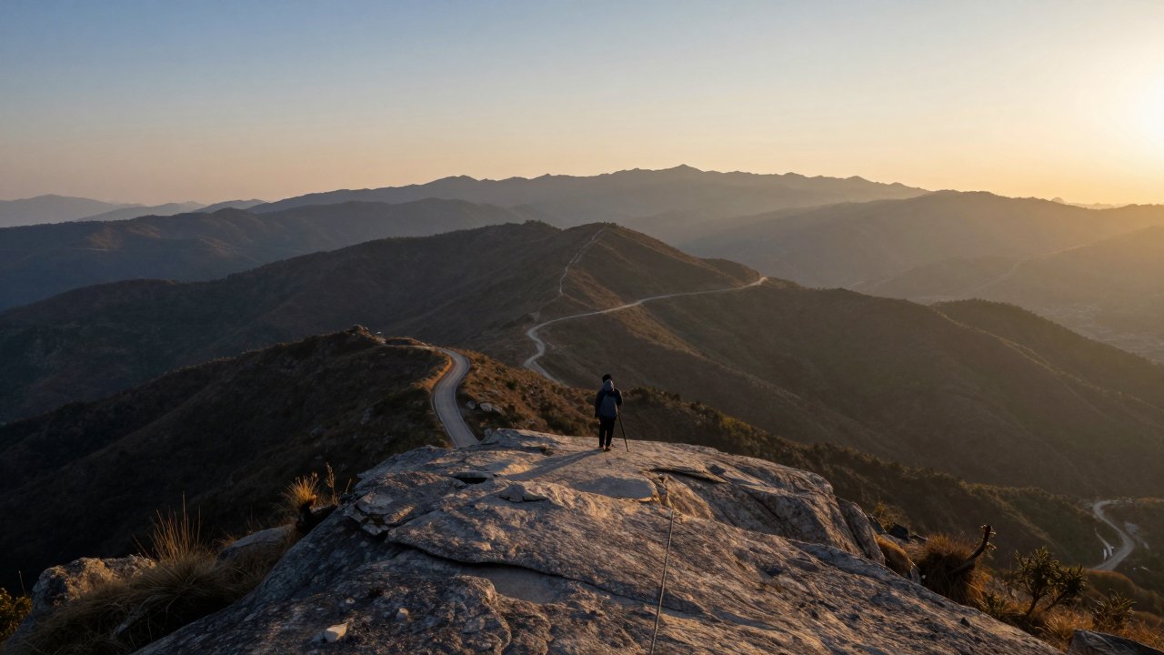 Distant photographer with a tripod on a rocky overlook above layered hills at sunset