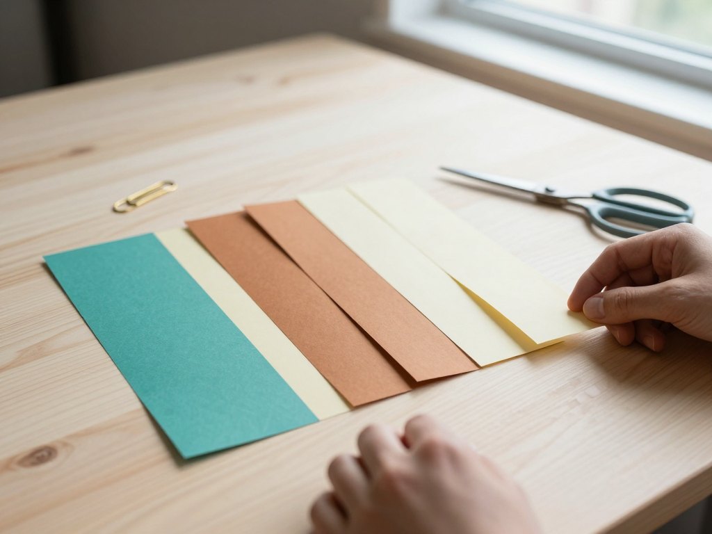 Hands arranging colored paper strips into a sequence on a wooden table
